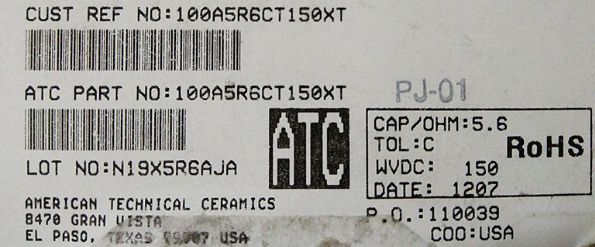 100A5R6CT150XT ATC100A5R6CT150XT 5.6PF 150V 0505 COO:USA