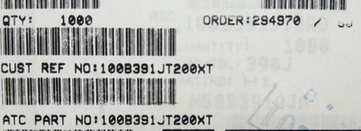 100B391JT200XT ATC100B391JT200XT 390PF 500V 1210 COO:USA