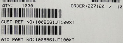 100B561JT100XT ATC100B561JT100XT 560PF 500V 1210 COO:USA