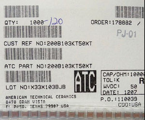 200B103KT50XT ATC200B103KT50XT 10000PF 50V 1210 COO:USA