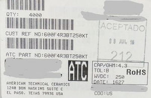 600F4R3BT250XT ATC600F4R3BT250XT 4.3PF 250V 0805 COO:USA