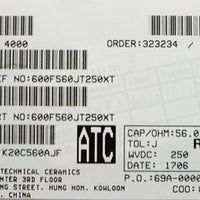 600F560JT250XT ATC600F560JT250XT 56PF 250V 0805 COO:USA