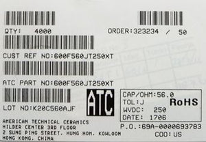 600F560JT250XT ATC600F560JT250XT 56PF 250V 0805 COO:USA