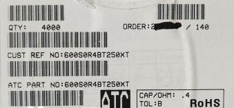 600S0R4BT250XT ATC600S0R4BT250XT 0.4PF 250V 0603 COO:USA