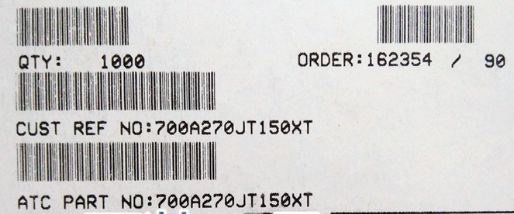 700A270JT150XT ATC700A270JT150XT 27PF 150V 0505 COO:USA
