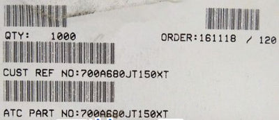 700A680JT150XT ATC700A680JT150XT 68PF 150V 0505 COO:USA