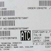 800B2R7BT500T ATC800B2R7BT500T 2.7PF 500V 1210 COO:USA