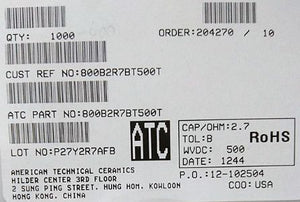 800B2R7BT500T ATC800B2R7BT500T 2.7PF 500V 1210 COO:USA